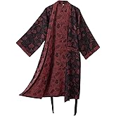 Purefair 100% Cotton Gauze Ginkgo Leaf Kimono Robe, Long Knit Loose Loungewear Bathrobe Nightgown Ladies Sleepwear for Women