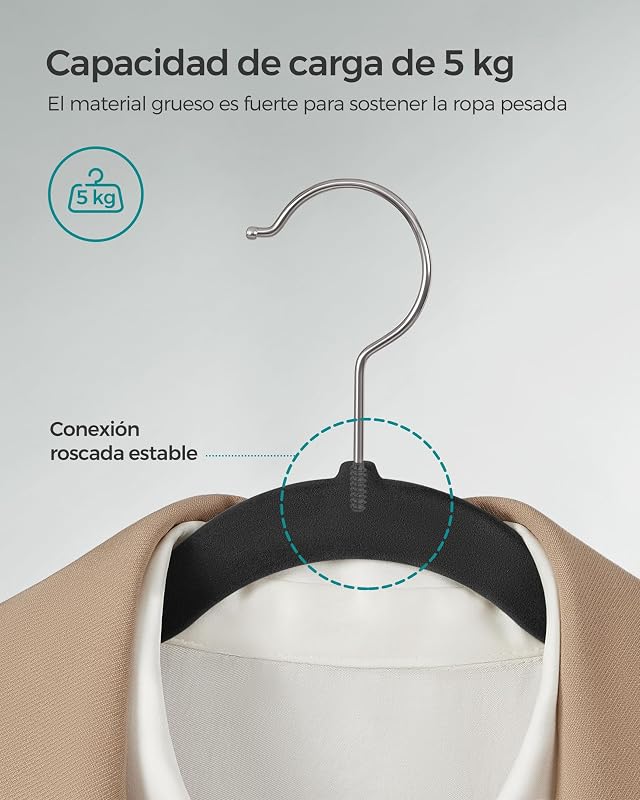 Percha de Terciopelo, Juego de 20, Antideslizantes, con Barra Corbata y Gancho Negro, 0,6 cm Espesor, Ahorra Espacio, 41,5 cm Largo, Abrigo Pantalón, Negro Tinta y Plata CRF026B20