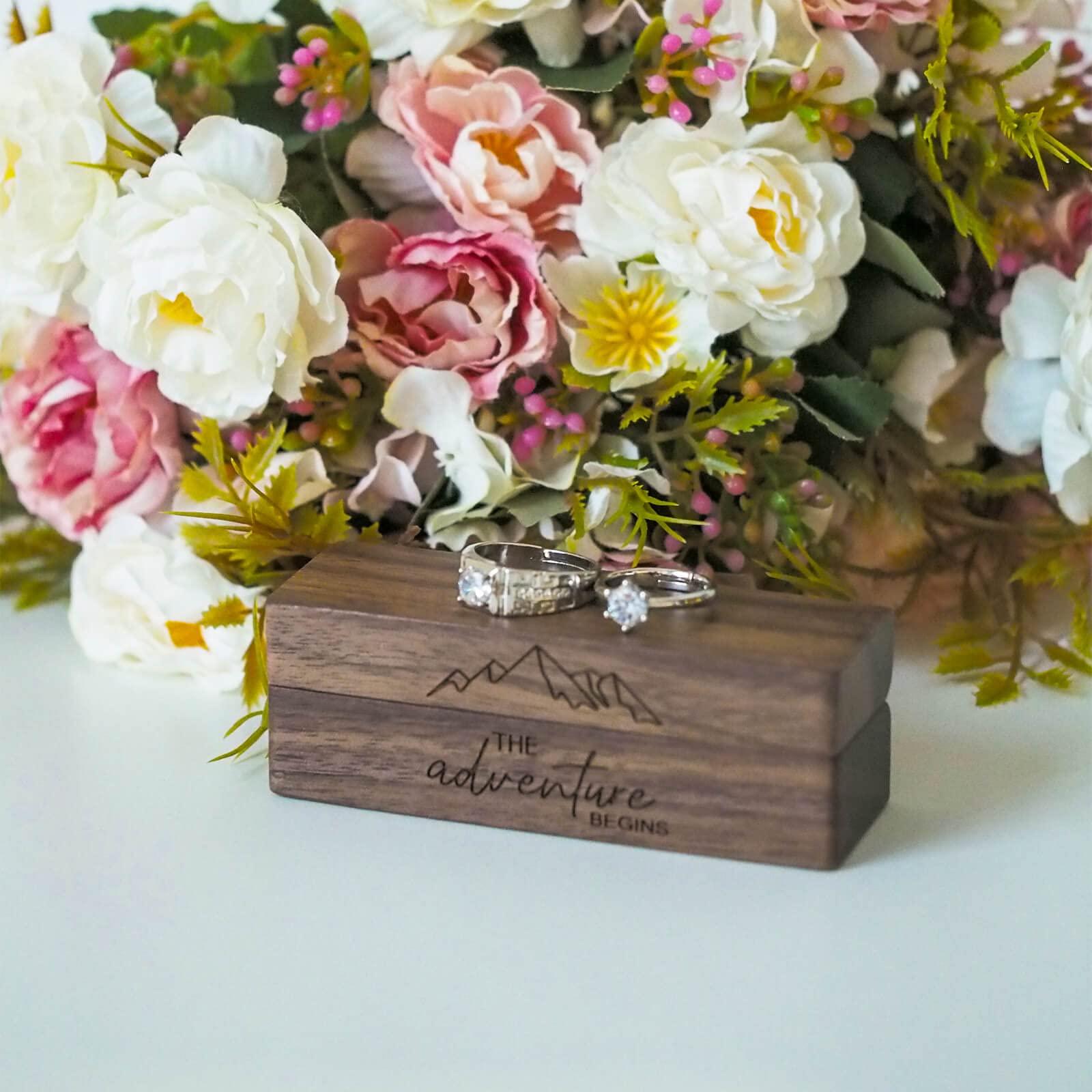 Engraved Flip Wooden 2 Ring box for wedding -Rustic Vintage Solid Wood rectangle Jewelry Storage Box