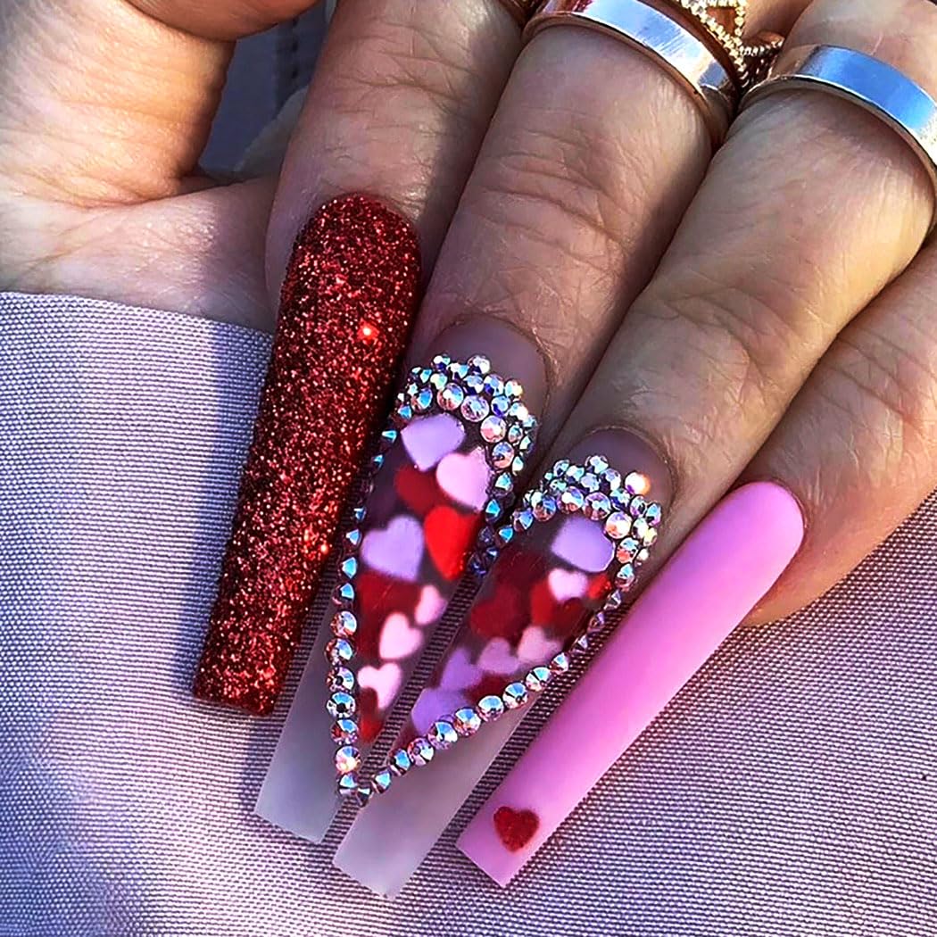 Brishow Coffin Long False Nails Heart Press on Nails Rhinestone Stick on Nails Ballerina Acrylic Fake Nails 24pcs for Women and Girls