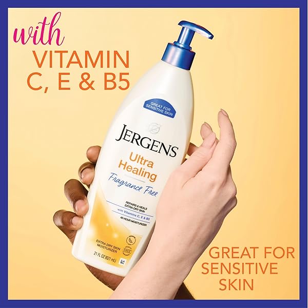 JERGENS ULTRA HEALING DRY SKIN LOTION, HAND AND BODY MOISTURIZER FOR QUICK ABSORPTION INTO EXTRA DRY SKIN WITH HYDRALUCENCE BLEND, VITAMINS C, E AND B5, WHITE, 21 OZ