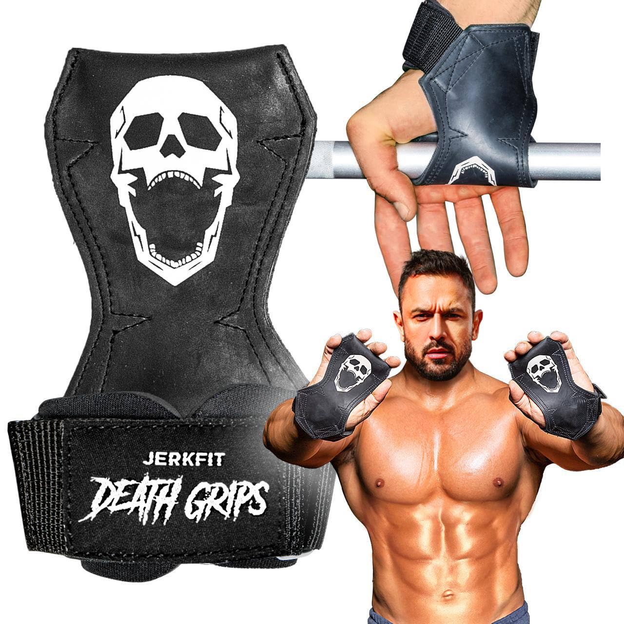 JerkFit Death Grips Pair - Premium Lifting Straps, Car Tire Grade Rubber PVC Wrist Straps for Shrugs, Pull Ups - Weight Lifting Straps with Neoprene Padded Support - Gym Straps for Palm Protection