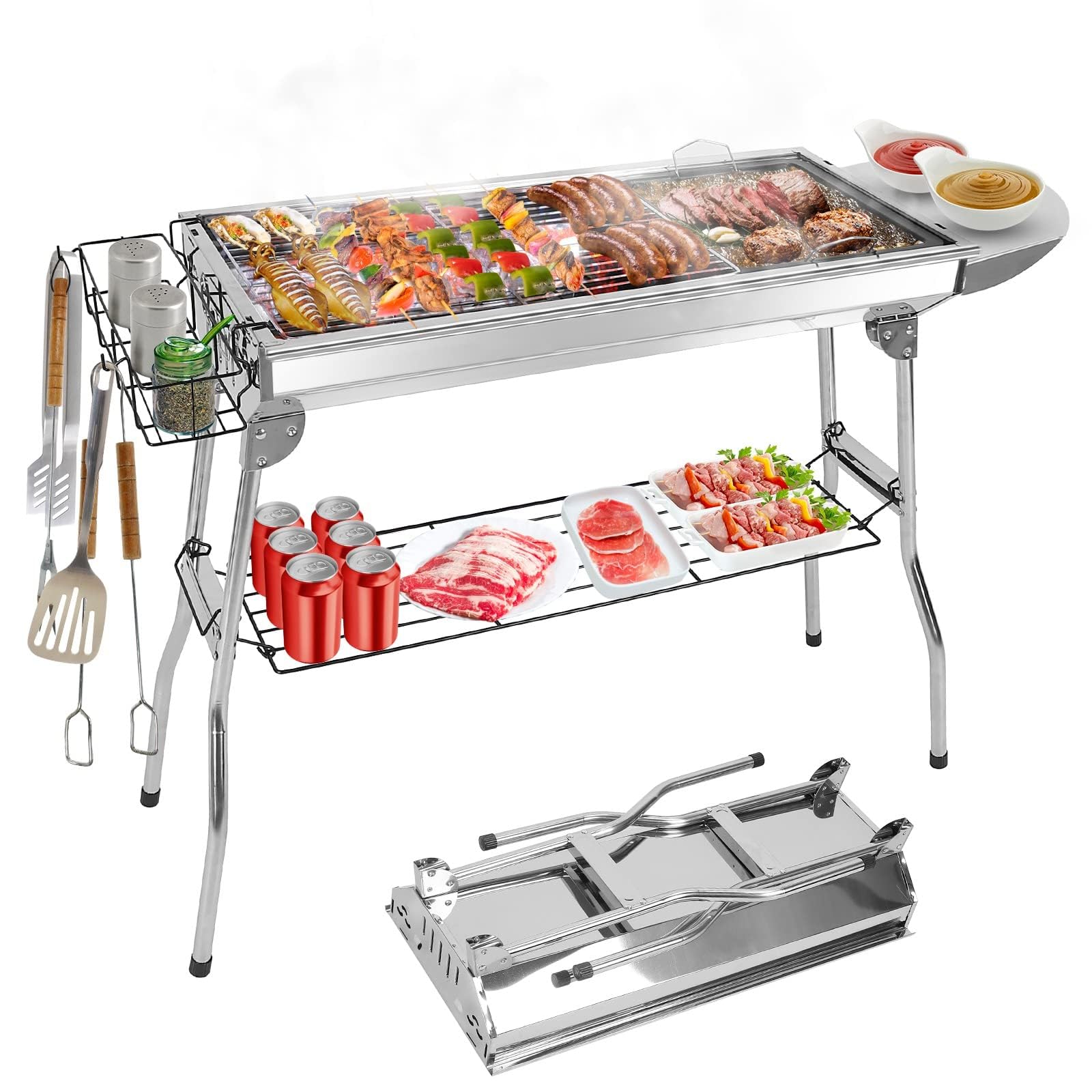 Photo 1 of TeqHome Portable Charcoal Grill, Large Stainless Steel Folding BBQ Grill, Foldable Barbecue Grill with Storage Shelf for Camping BBQ Garden Backyard Party Picnic Outdoor Cooking Kabob, 39x13.4x28 inch
