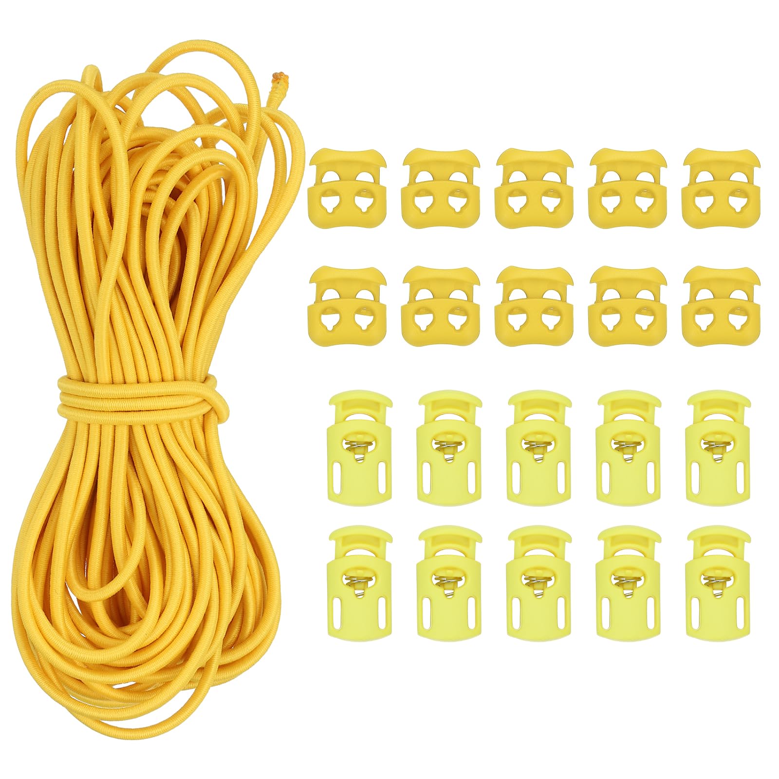 PATIKIL 16 Yard Elastic Bungee Cord & 10pcs Single Hole Cord Lock & 10pcs Double Hole Spring Toggle Stopper for Paracord Drawstring Shoelace Clothing Backpack Bags, Yellow