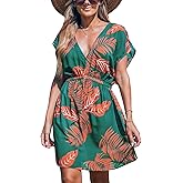 CUPSHE Women's Swimsuit Coverup Casual V Neck Beach Dress Short Sleeve Elastic Waist Swimwear Cover Ups 2026 Beachwear