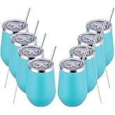 MEWAY 12oz Insulated Wine Tumbler with Lid and Straw - Double Wall Vacuum Stainless Steel Wine glass, Ideal for Travel and Office, Baby shower prizes for winners(Light Green,Set of 8)