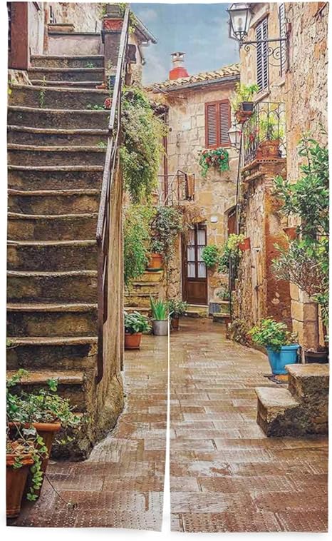 Amazon Eilanna 間仕切りカーテン イタリアの都市の農村文化の石造りの岩家のある古い地中海通りの眺め おしゃれ 間仕切り遮光 飾り付け 装飾 玄関 キッチン リビング 店 出入り口 突っ張り棒付き 86 143cm カーテン ブラインド オンライン通販