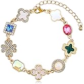 Gold Clover Charm Link Bracelet for Women Elegant Mother of Pearl Lucky Four Leaf Clover Bracelet Cute Colorful Rhinestone Clover Pendant Bracelet Adjustable Link Chain Trendy Party Jewelry Gift