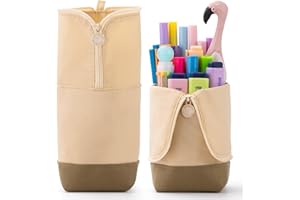 CICIMELON Foldable Standing Pencil Pen Case with Compartments Large Capacity Pencil Pouch Bag School Aesthetic Supplies for Girls Boys Adults Beige