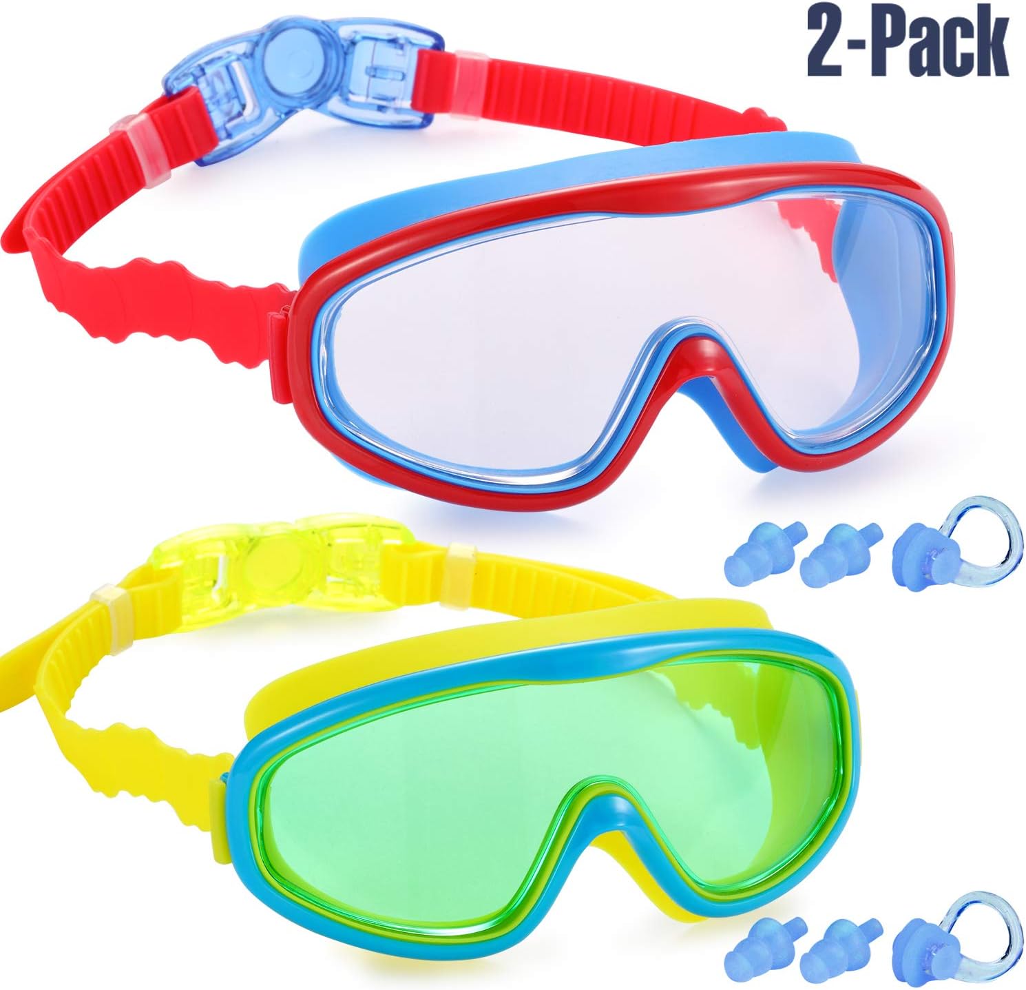 Yizerel 2 Pack Kids Swim Goggles, Swimming Glasses for Children and Early Teens from 3 to 15 Years Old, Wide Vision, Anti-Fog, Waterproof, UV Protection
