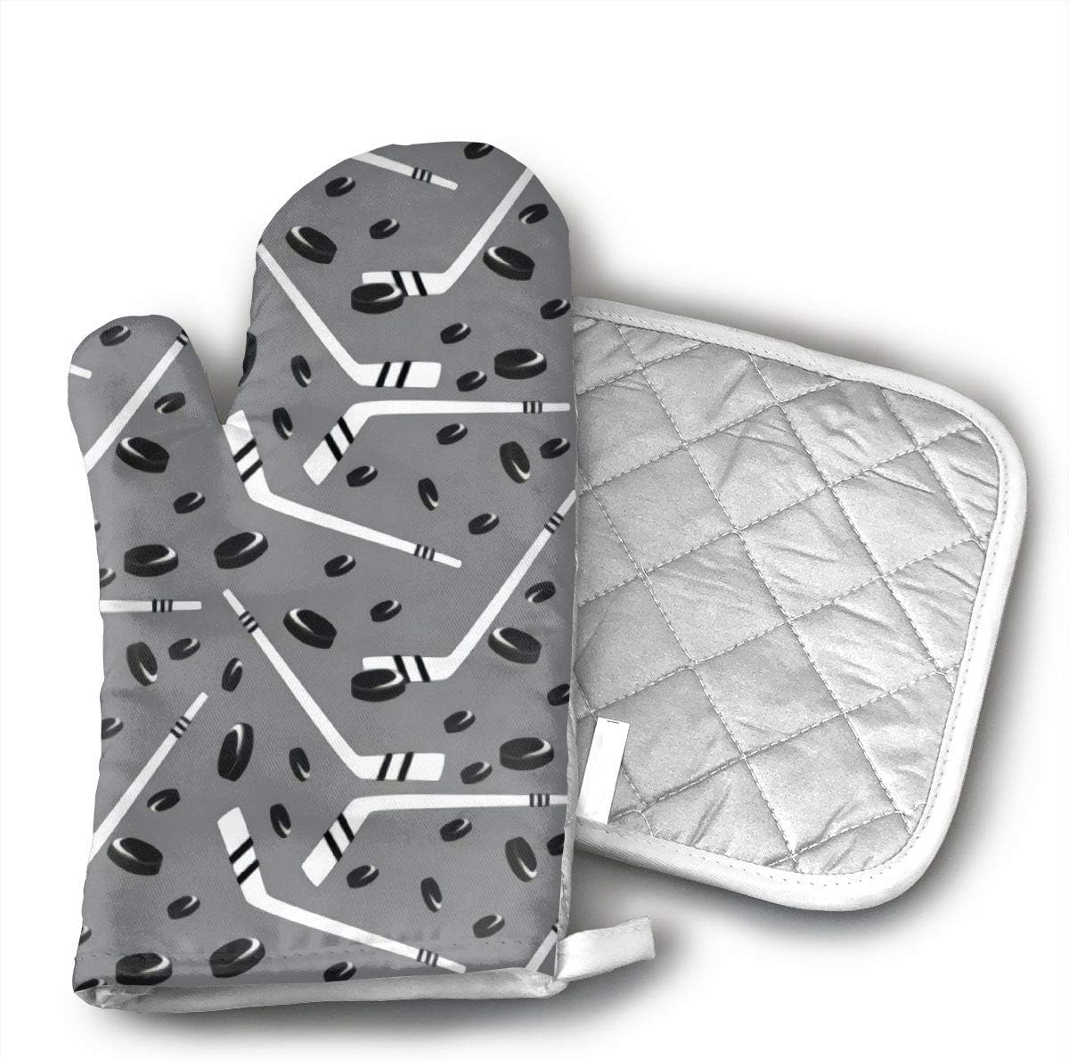 Grey Hockey Oven Mitt/Glove Square Potholder, Hot Pads and Cotton Microwave Oven Mitts Heat Resistant