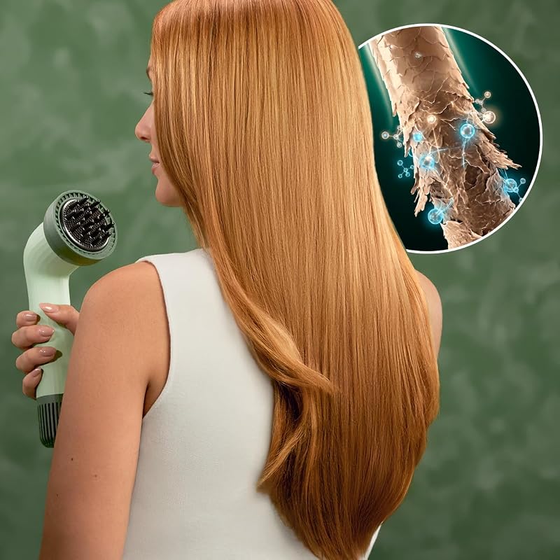 Asciugacapelli Compatto IoniCare Dry&Keratin Olive. 1200W, 107000RPM, Motore Brushless, Funzione Ionica, Testa con Tecnologia NutriSerum e Denti Duri, Testa Concentratore, Verde
