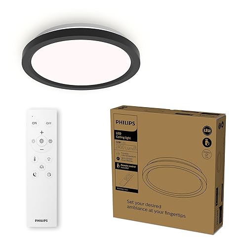 Philips LED Remote Control Ceiling Light, Round, 30 cm, Dimmable, Tunable White Light, Living Room, Bedroom, No Flicker or Glare, Modern Design, Black