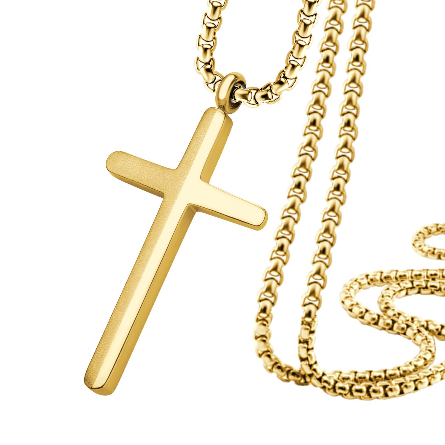 555Jewelry Stainless Steel Cross Necklace for Men, Box Link Chain, Cross Pendant for Men, Chain Necklace for Men, Cross Chain for Men, 22 Inch Chain, Gold