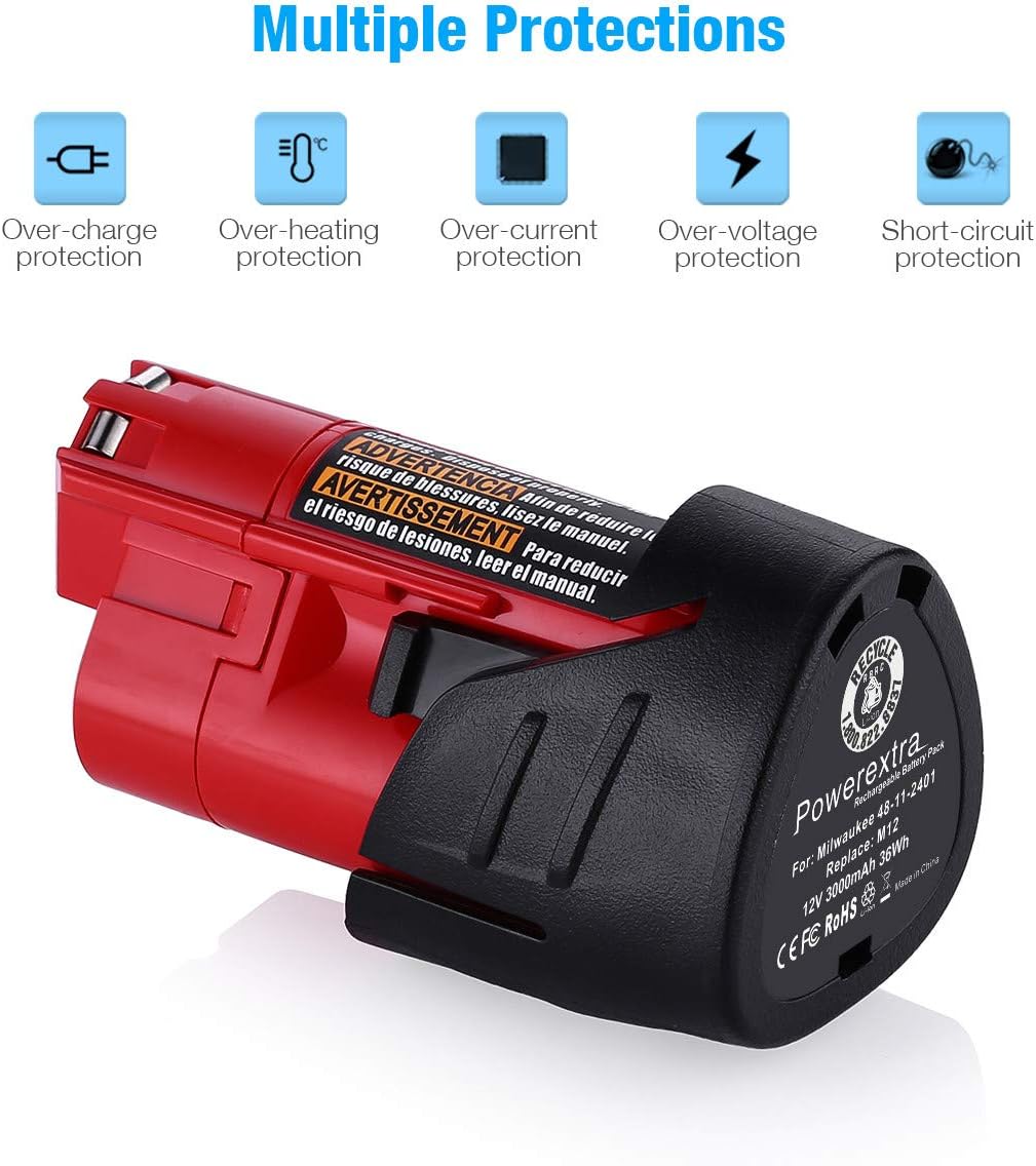Powerextra 2 Pack 12V 3000mAh Lithium-ion Replacement Battery Compatible with Milwaukee M12 48-11-2411 48-11-2420 48-11-2401 48-11-2402 48-11-2401 12-Volt M12 Cordless Tools - - 