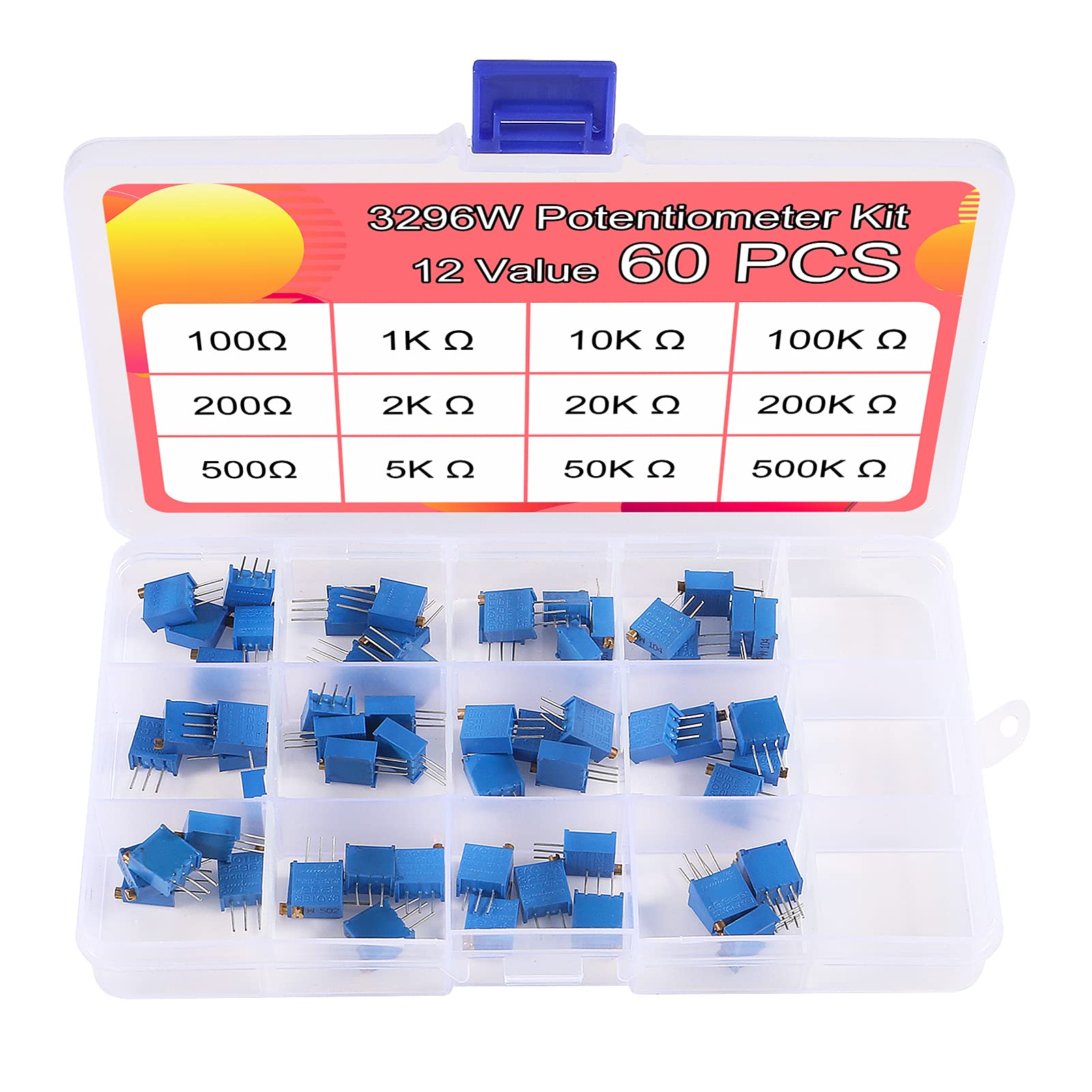 AOICRIE 12 Values 60 PCS Multiturn Trimmer Potentiometer Assortment Kit Variable Resistor 100 to 500K Ohm 3296W