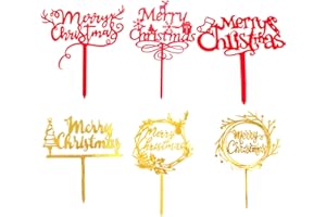 RIGHTA TECH Gold Red Merry Christmas Cake Toppers, 6Pcs Reindeer Antler Xmas Tree Candy Cane Snowflake Elk Decoration for Cakes, Xmas Decor for Cake Toppers Christmas Party Cake Decorations Supplies