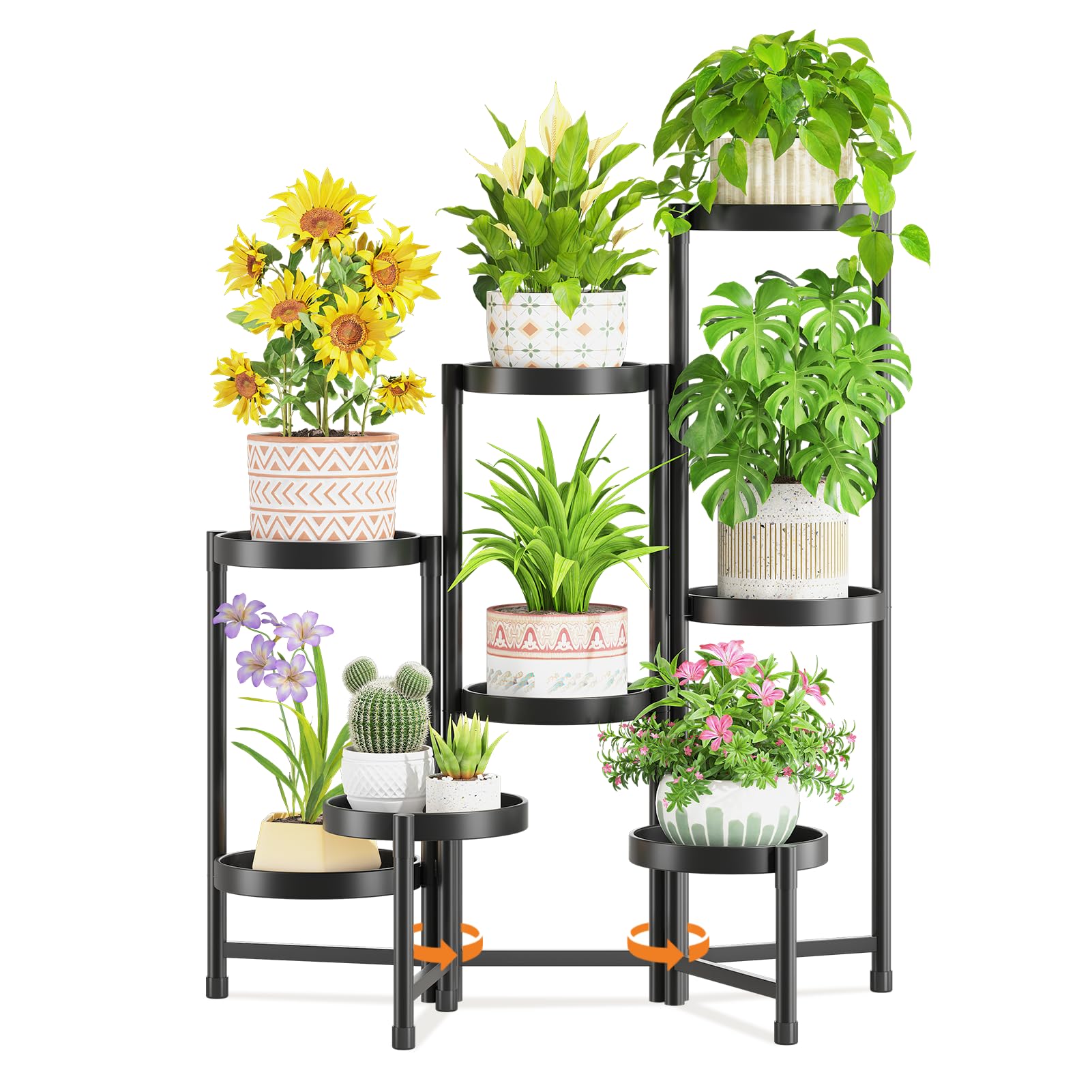 Photo 1 of LASZOLA 8 Tiered Folding Plant Stand Indoor for Multiple Large Planter, Tall Heavy Duty Adjustable Rack with Rust Proof 10 Inch Wide Tray, Sturdy Vertical Tree Organizer for Narrow Inside Floor, Black