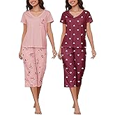 HONG HUI 2 Pack Womens Pajamas Set Short Sleeve Sleepwear Tops and Capri Pants Pjs Summer Loungewear Pj Sets S-3XL