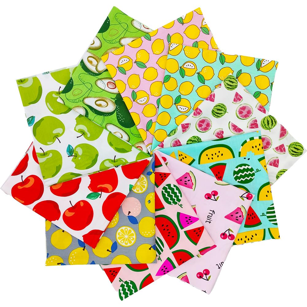 MIDUOLE Fat Quarters Fabric Bundles, 10 Pcs 100% Cotton 19.69” x 19.69” (50cmx50cm) Precut Quilting Fabric Squares Sheets for DIY Patchwork Sewing Quilting Crafting, No Repeat Design Fruit Pattern.