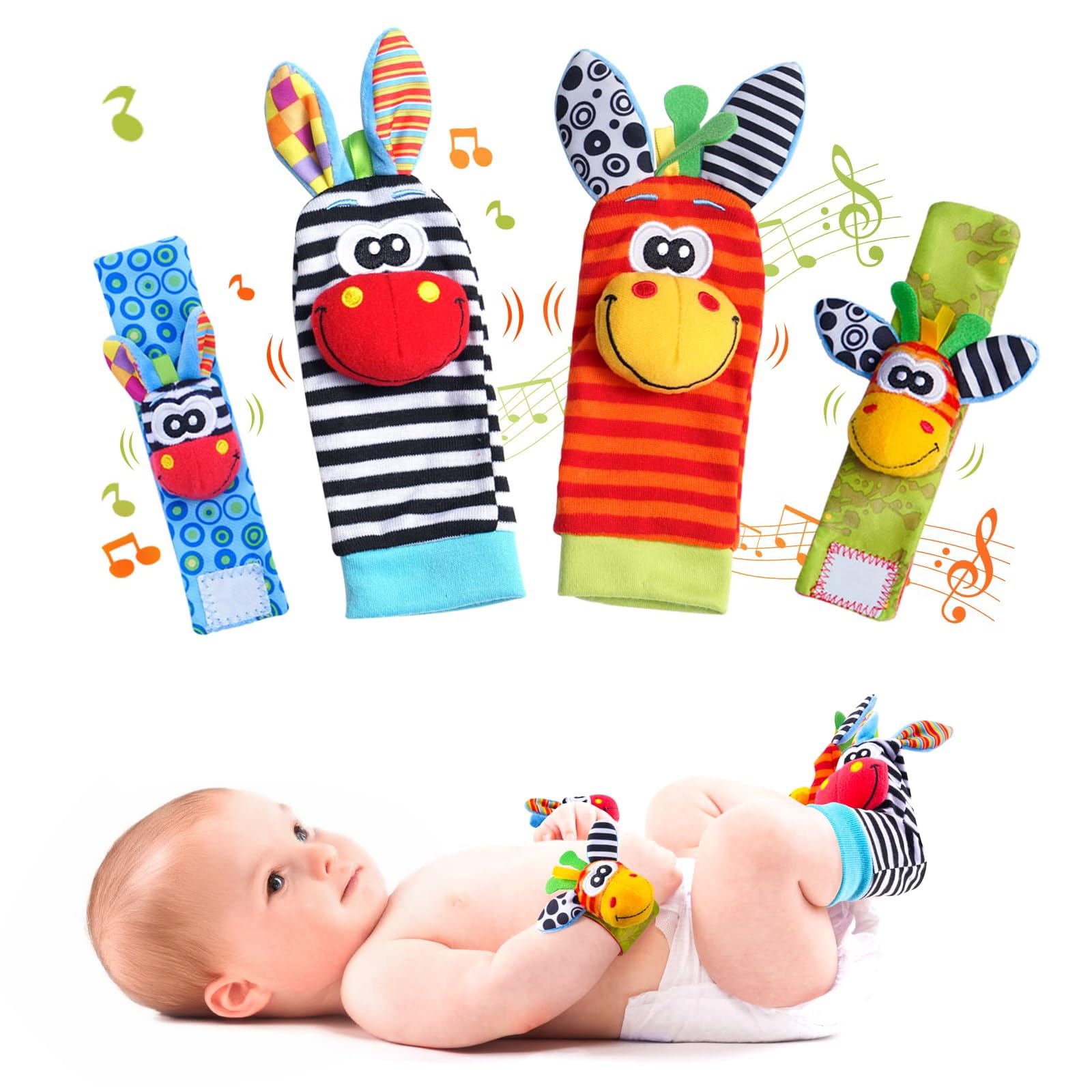 Baby Rattle Socks Wrist Strap Rattles Set, 4 PCS Handheld Rattles and Rattle Socks for Newborn Babies Boy Girl