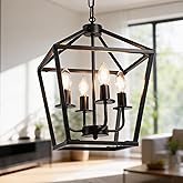 Phaosio Farmhouse Lantern Chandelier 4-Light, Industrial Black Ceiling Light Fixture with Rustic Open Cage and Adjustable Han