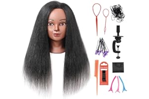 Armmu Mannequin Head with 100% Real Hair, 16" Cosmetology Mannequin Manikin Training Practice Doll Head for Hairdresser Braiding Hair Styling Hairdressing with Clamp Holder- Black