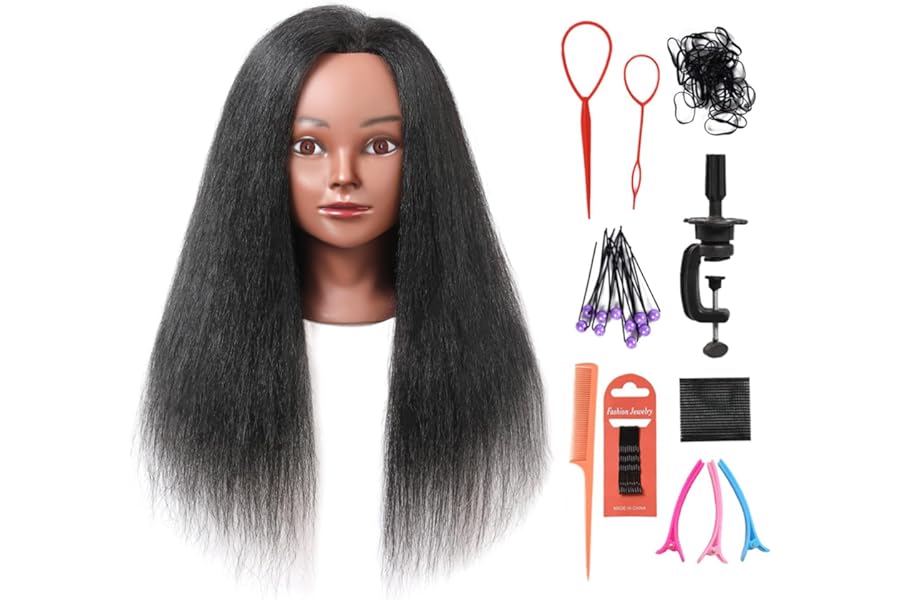 Armmu Mannequin Head with 100% Real Hair, 16″ Cosmetology Mannequin Manikin Training Practice Doll Head for Hairdresser Braiding Hair Styling Hairdressing with Clamp Holder- Black