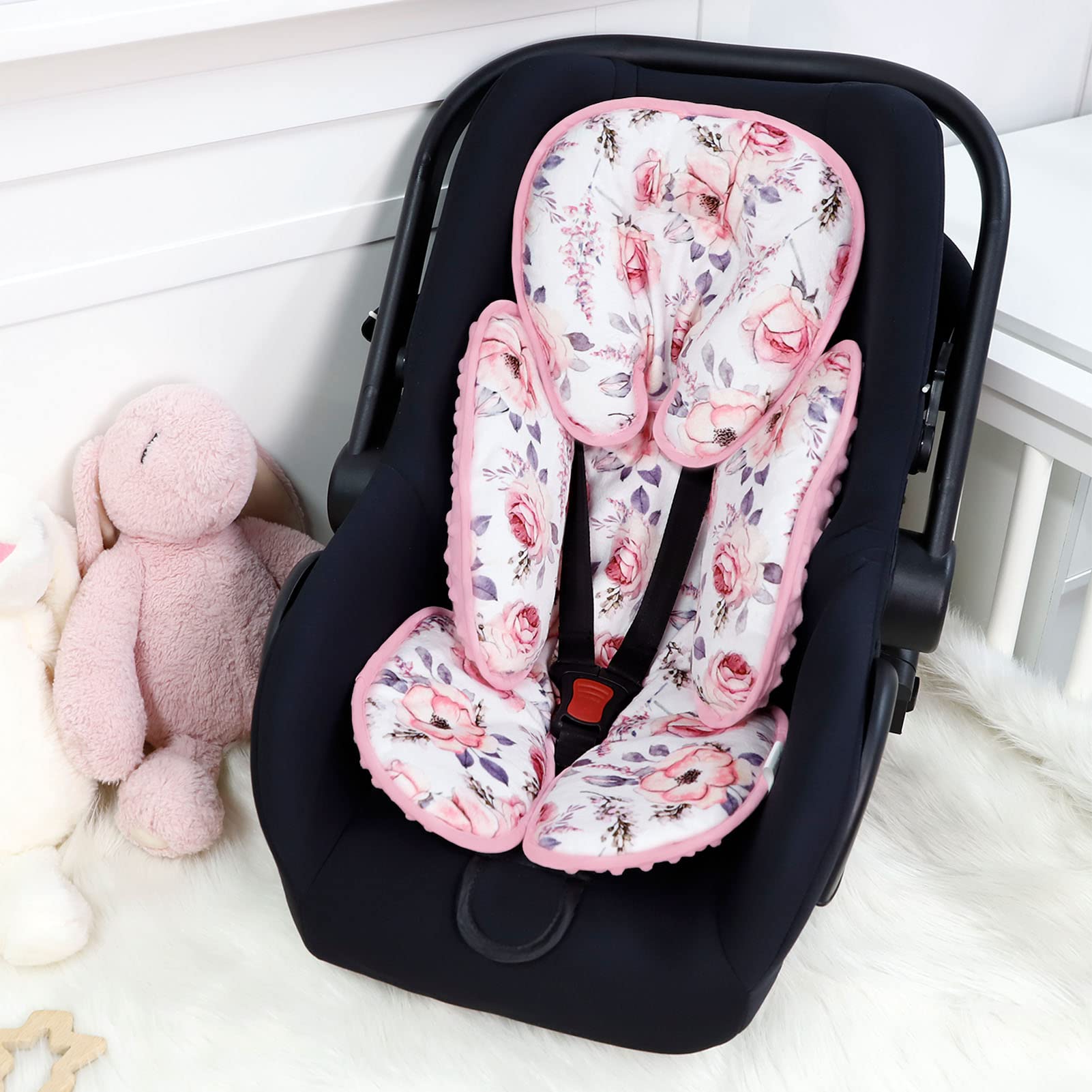 SWESEN Baby Carseat Head & Body Support, Infant Headrest Cushion, Newborn Car Seat Insert for Strollers, Bouncers, Swing, Pink Floral