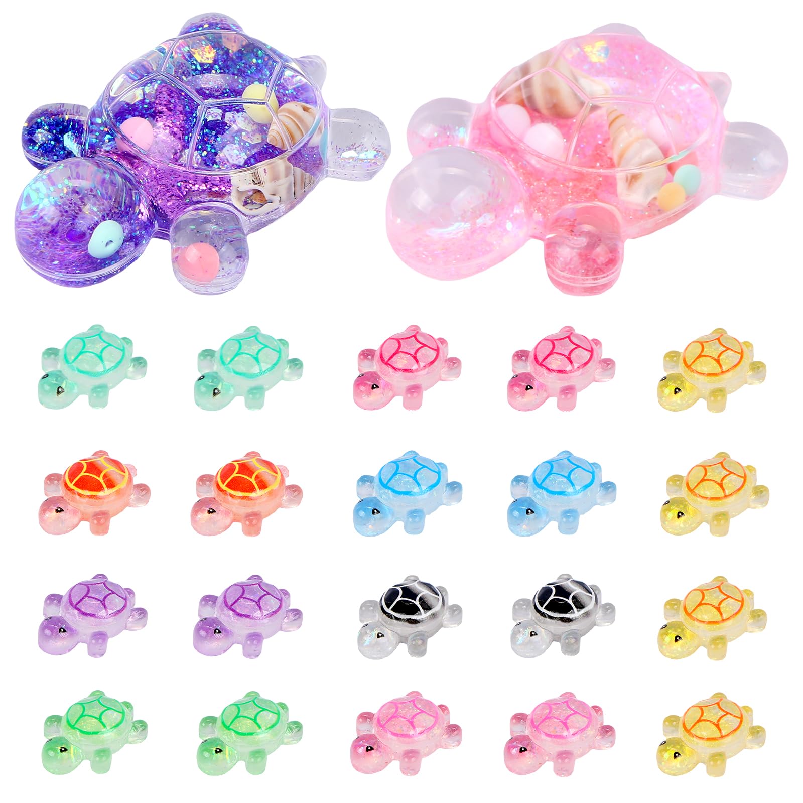 LALASTYLE Resin Animals Turtles Set: 2 Glittering Star Sand Turtles + 20 Sparkling Mini Turtles, Colorful Resin Animal Figures for Garden, Aquarium,Dollhouse Miniature Landscape Home Decoration