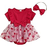 Doqcey Newborn Baby Girl Valentines Outfit Ribbed Heart Romper Dress Tulle Bowtie Bodysuit Headband Infant Girl Dresses