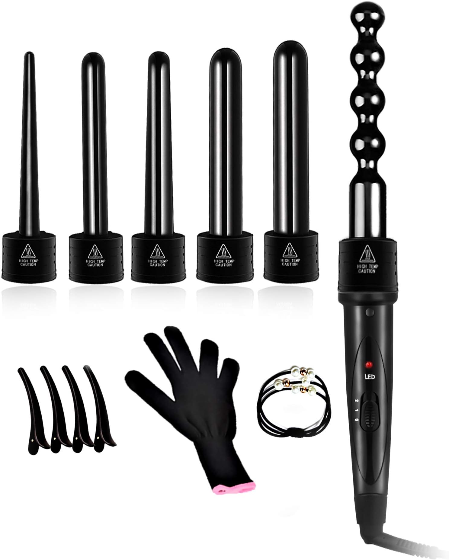 Curling Wand Hair Curlers with PTC Tourmaline Ceramic Barrels Professional Curling Tongs Set 6 Interchangeable Temperature Control Curling Irons UK Plug Heat Resistant Glove 4 Clips 1Rubber Band
