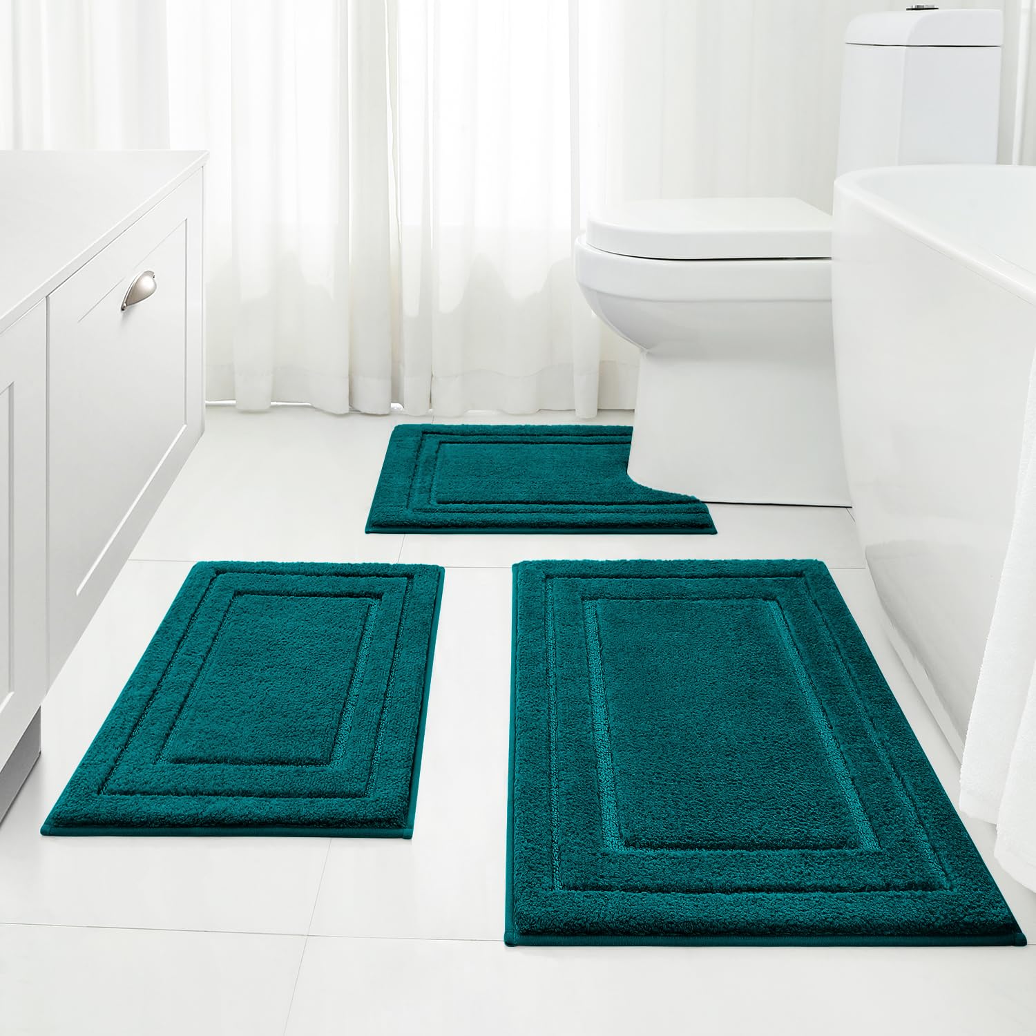 Photo 1 of HOMEIDEAS Bathroom Rugs Sets 3 Piece, Super Soft and Absorbent Non Slip Microfiber Toilet Bath Mat with U-Shaped (Atlantic Blue)