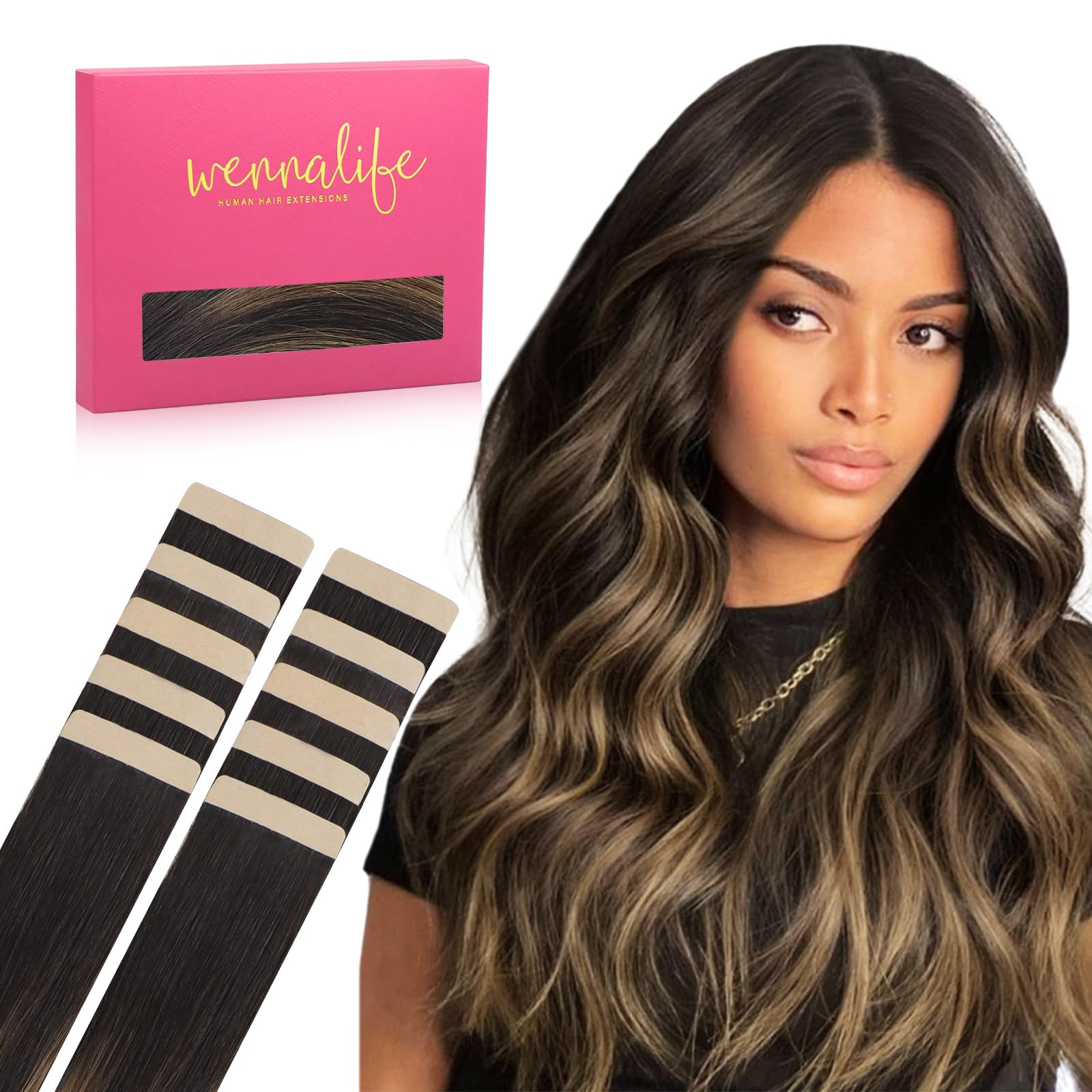 WENNALIFE Tape in Hair Extensions Human Hair, 10inch 10pcs 20 Balayage Dark Brown Mixed Chestnut Brown Real Human Hair Tape Extensions — image 1