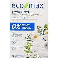 Eco-Max Dryer Sheets Fragrance Free 80ct Fabric Softener, Plant Based