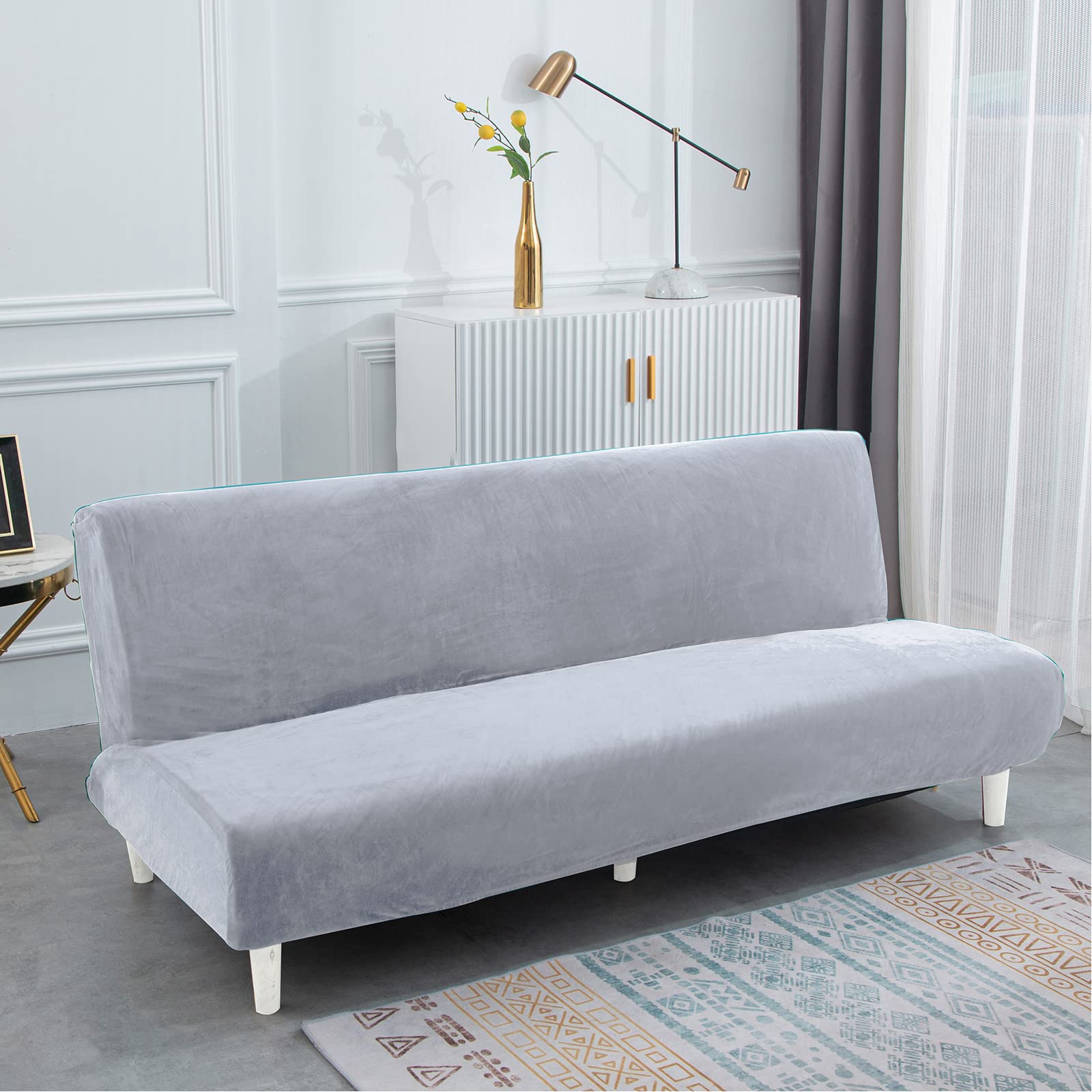 Qelus Armless Sofa Bed Cover,Velvet Stretch Sofa Covers,Futon Folding Couch Slipcover Protector wihtout Armrests(Gray,Size S)