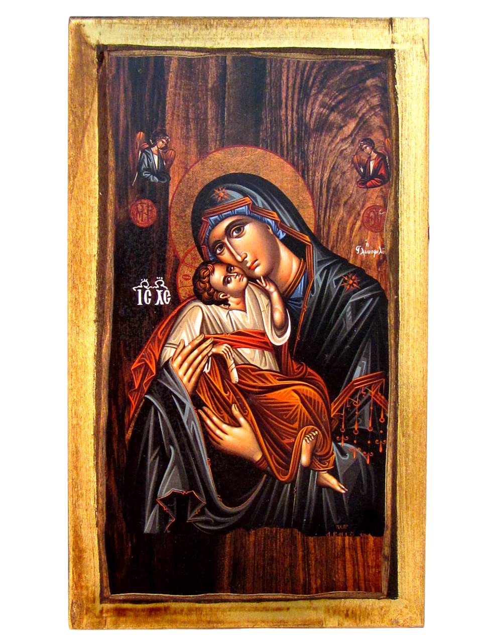 IconsGr Handmade Wooden Greek Christian Orthodox Wood Icon of Virgin Mary & Jesus Christ / H2