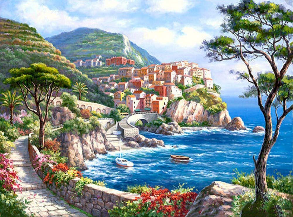 ABEUTY DIY Paint by Numbers for Adults Children, Seaside Villa Garden Scenery Landscape 16x20 inches Number Painting Art Therapy