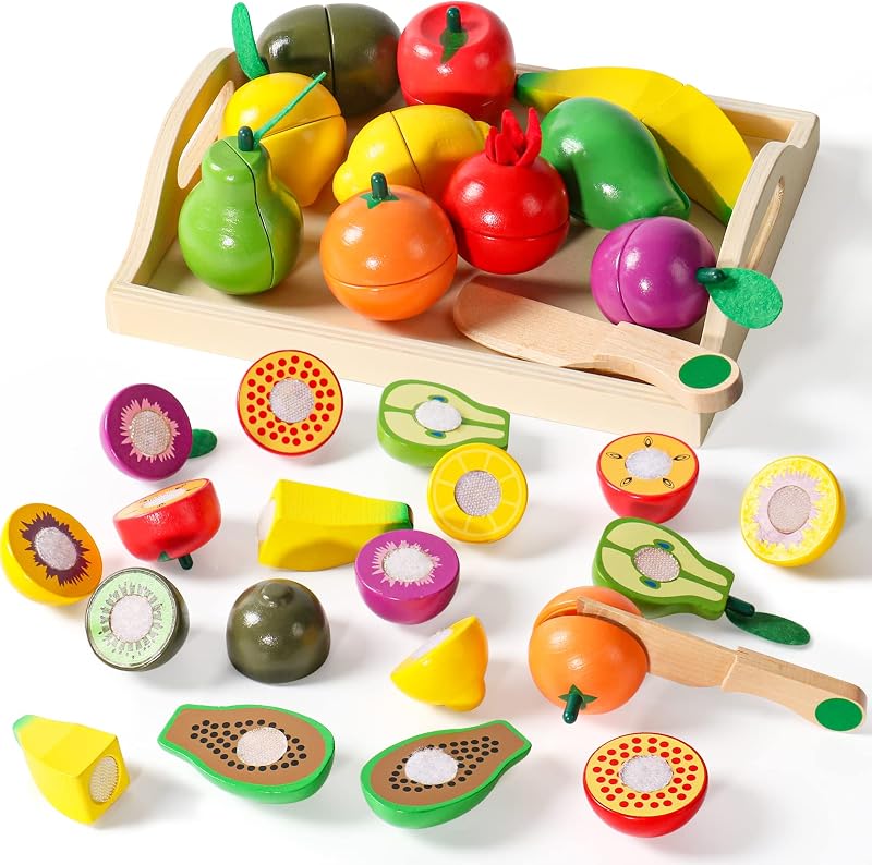 yoptote Wooden Play Food Set 10 Types Fruit Preschool Kitchen Toys Cutting Veg