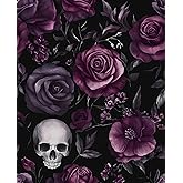 VOLEAAR Skull Wallpaper Peel and Stick Gothic Wallpapers, Vintage Dark Purple Rose Floral Self-Adhesive Contact Paper for Bedroom, Cabinet, Window, Spooky Horror Removable Wallpapers 17.5In x 118In