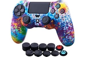 YoRHa Water Transfer Printing Camouflage Silicone Cover Skin Case for Sony PS4/slim/Pro Dualshock 4 Controller x 1(Spashing Paint) with Thumb Grips x 10