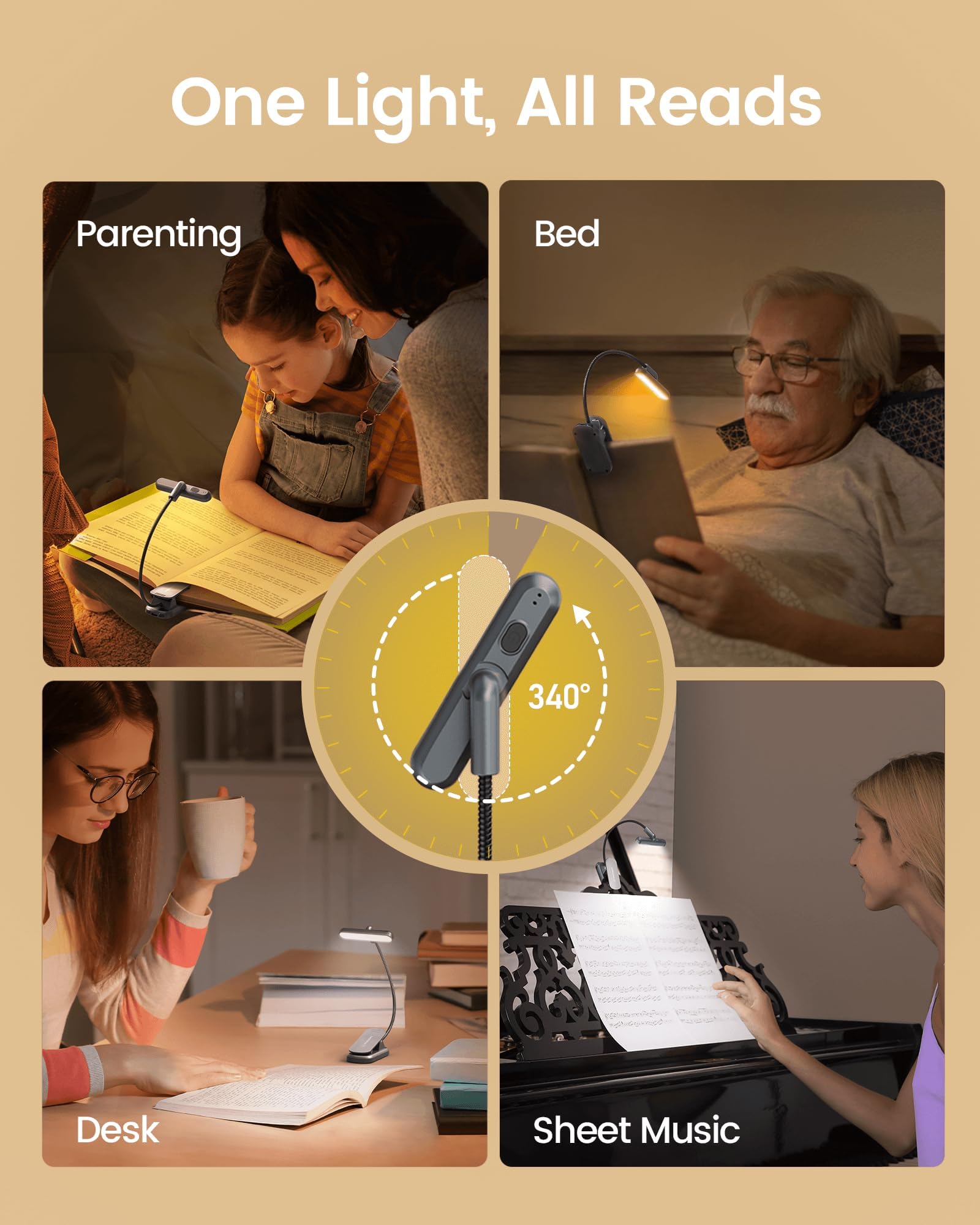 Glocusent Book Light Rotatable: 22 Led Rechargeable Book Light for Reading in Bed with Timer - Eye Caring 3 Color Temperatures, Stepless Dimming, 100Hrs Runtime Clip on Reading Light for Book Lovers