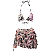OYOANGLE Women's 3 Piece Swimsuit Floral Leopard Print Halter Triangle Bikini Set with Ruffle Cover Up Skirt