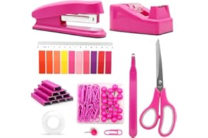 SPORTSVOUTDOORS Hot Pink Desk Accessories Set - Stapler and Tape Dispenser Kit, Office Supplies Gift for Students, Women, Coworkers, Boss Lady, Office Clerks