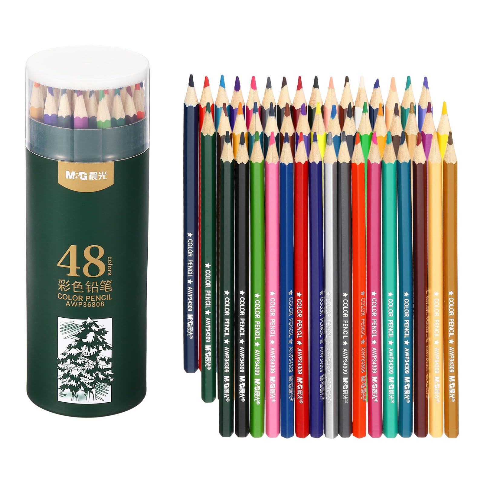 M&G 48 Colors Colored Pencils Set, 48pcs Oil Based Drawing Color Pencil Art Supplies for Beginner Adult Coloring Book Gifts with Green Pencil Holder