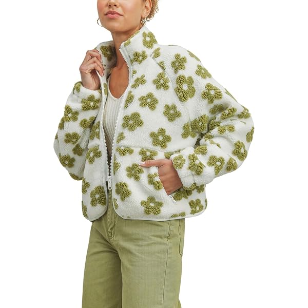 myzgx Women's Cute Floral Pattern Jacket Fuzzy Fleece Zip Up