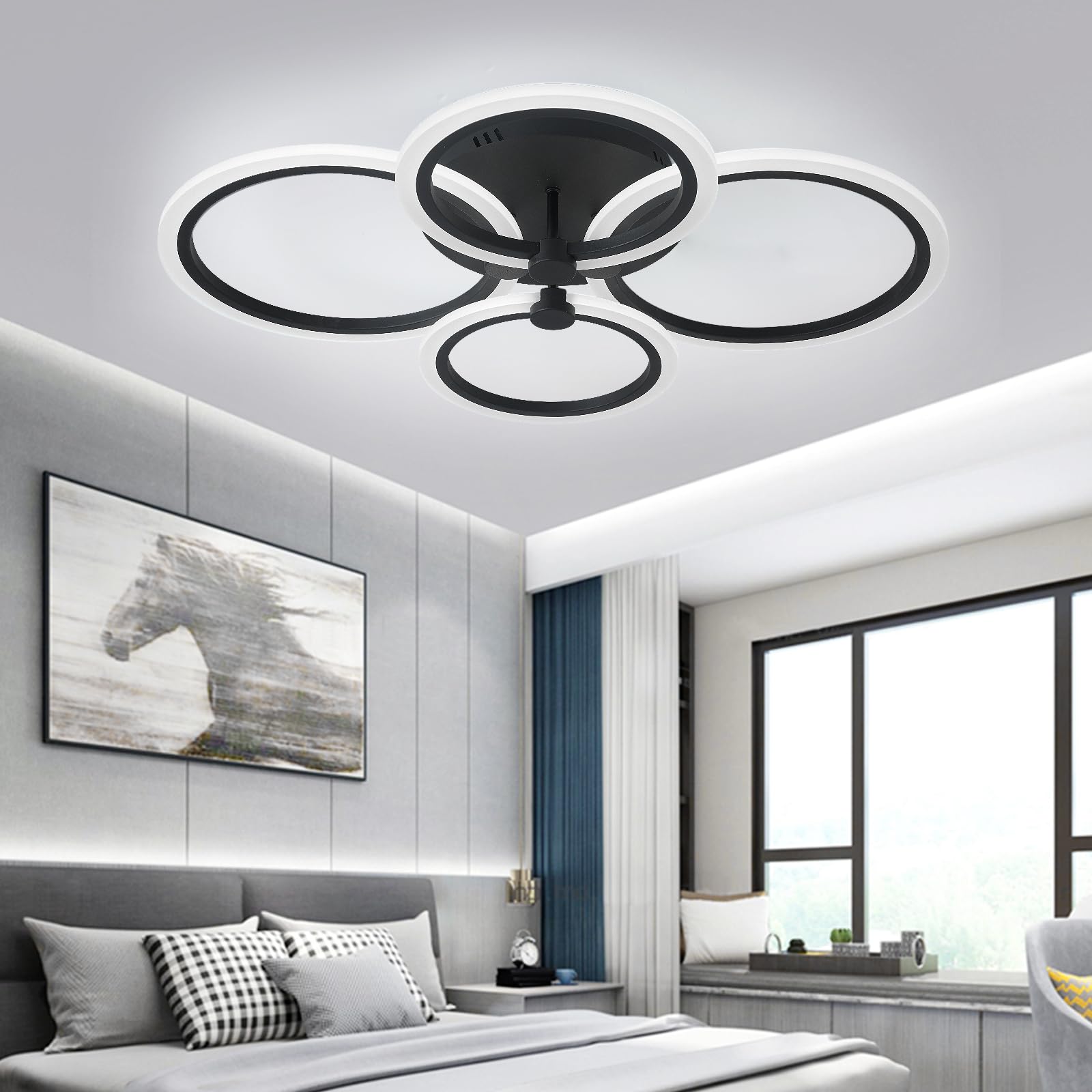 ZYDTRIP LED Ceiling Light, 60W Modern Ceiling Lamp for Bedroom, Living Room Light, Black Semi Flush Mount Ceiling Lighting Fixture for Living Room Dining Room Kitchen Home Office 6000K Cool White