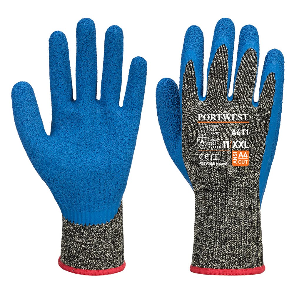 Portwest Aramid HR Cut Latex Glove, Color: Black/Blue, Size: XXXL, A611K4RXXXL