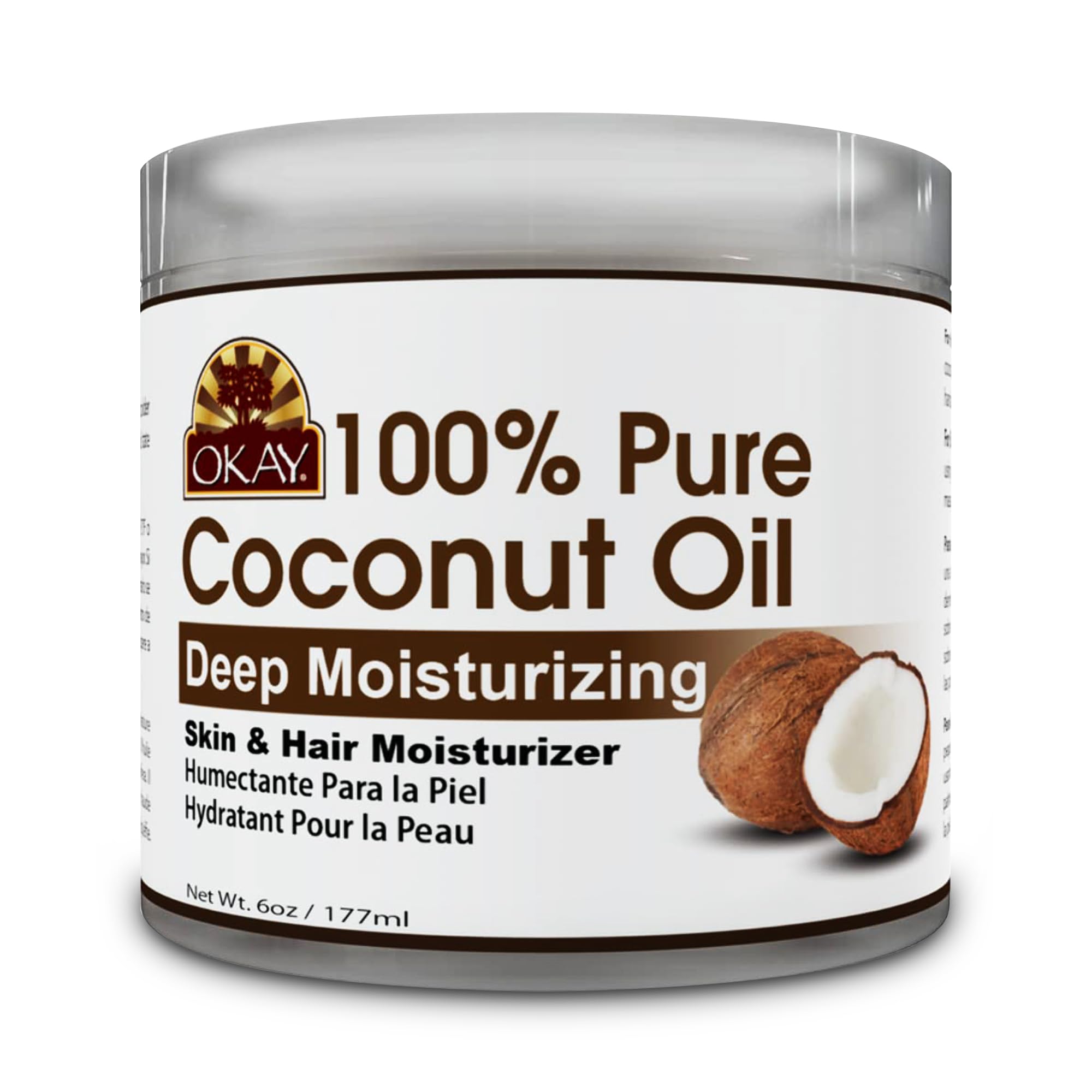Okay 100% Pure Coconut Oil for Hair & Skin - Coconut Oil for Women & Men, Perfect for Hair & body, Natural Massage Oil & Moisturizer - 6 fl oz Jar (Pack of 1)