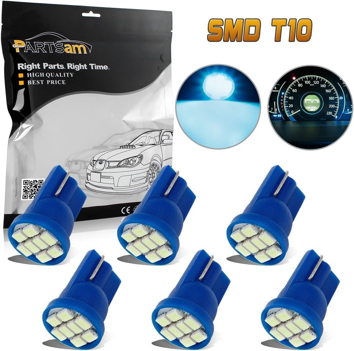 Partsam 6pcs Ice Blue T10 168 194 2825 8SMD LED Bulbs for License Plate Lights 12V